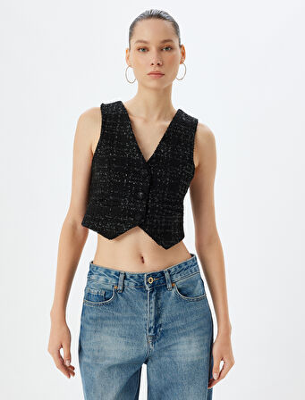 Tüvit Yelek Crop Kolsuz Düğmeli V Yaka Slim Fit