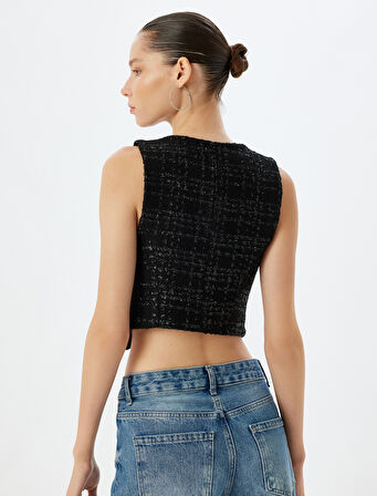 Tüvit Yelek Crop Kolsuz Düğmeli V Yaka Slim Fit