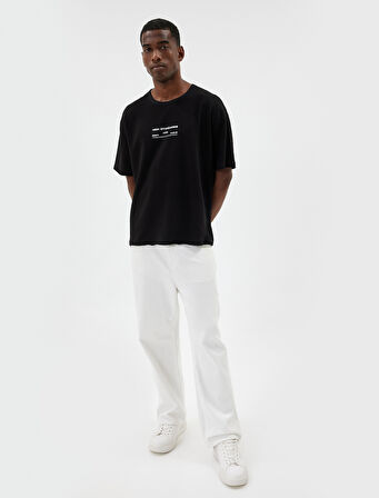 Oversize Tişört Slogan Baskılı Bisiklet Yaka Kısa Kollu Pamuk Karışımlı