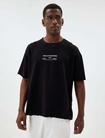 Oversize Tişört Slogan Baskılı Bisiklet Yaka Kısa Kollu Pamuk Karışımlı