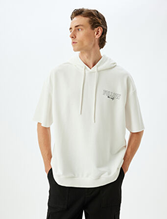 Spor Sweatshirt Oversize Kapşonlu Slogan Baskılı Yarım Kollu Pamuk Karışımlı