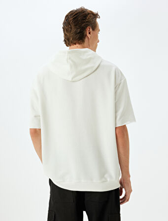 Spor Sweatshirt Oversize Kapşonlu Slogan Baskılı Yarım Kollu Pamuk Karışımlı