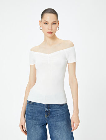 Omzu Açık Tişört Dantel Detaylı Drapeli Kısa Kollu Slim Fit