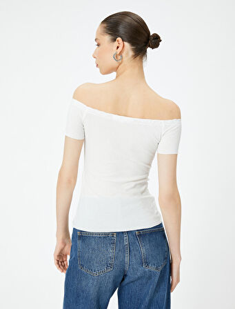 Omzu Açık Tişört Dantel Detaylı Drapeli Kısa Kollu Slim Fit