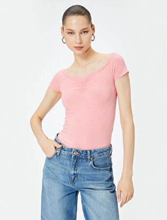Omzu Açık Body Dantel Detaylı Drapeli Kısa Kollu Slim Fit