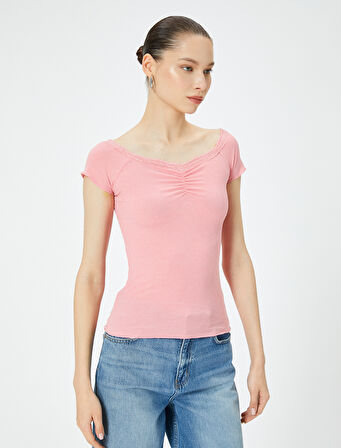 Omzu Açık Body Dantel Detaylı Drapeli Kısa Kollu Slim Fit