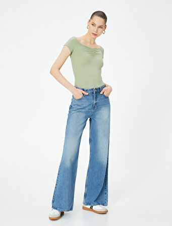 Omzu Açık Body Dantel Detaylı Drapeli Kısa Kollu Slim Fit