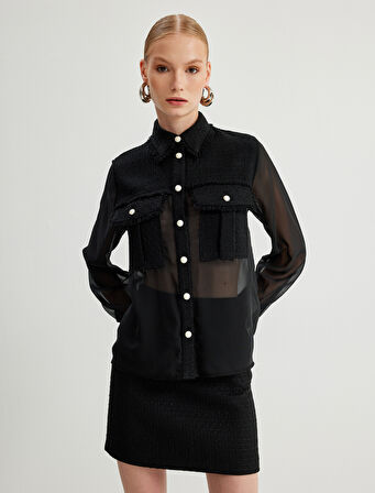 Yarı Transparan Tül Gömlek Tüvit Detaylı Kapaklı Uzun Kollu Cepli İnci Düğme Detaylı