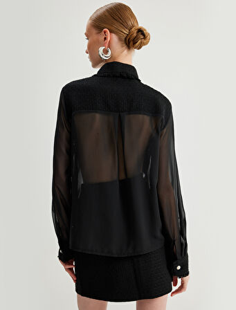 Yarı Transparan Tül Gömlek Tüvit Detaylı Kapaklı Uzun Kollu Cepli İnci Düğme Detaylı