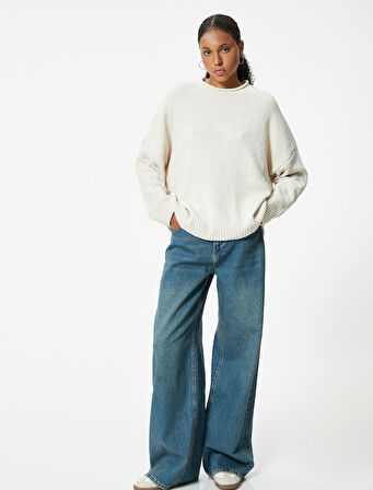 Basic Triko Kazak Bisiklet Yaka Uzun Kollu Düşük Omuzlu