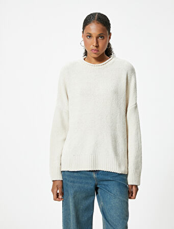 Basic Triko Kazak Bisiklet Yaka Uzun Kollu Düşük Omuzlu