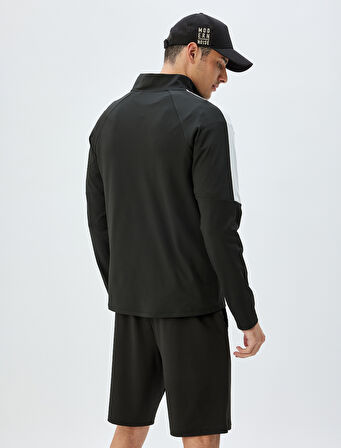 Spor Sweatshirt Dik Yaka Yarım Fermuarlı Renk Kontrastlı İnterlok Kumaş