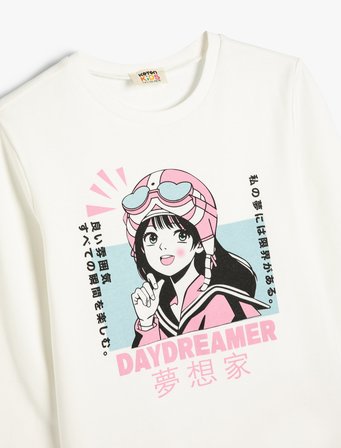 Sweatshirt Anime Baskılı Uzun Kollu Bisiklet Yaka Pamuklu
