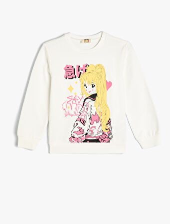 Sweatshirt Anime Baskılı Bisiklet Yaka Uzun Kollu Pamuklu 