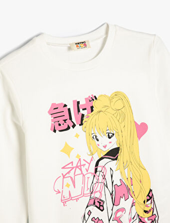 Sweatshirt Anime Baskılı Bisiklet Yaka Uzun Kollu Pamuklu 