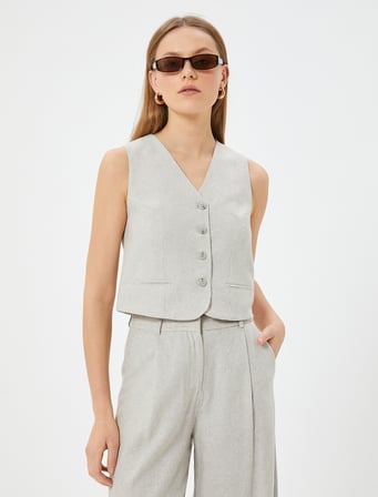 Çizgili Keten Yelek Fleto Cep Detaylı  V Yaka Slim Fit
