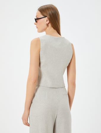 Çizgili Keten Yelek Fleto Cep Detaylı  V Yaka Slim Fit