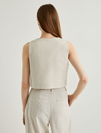 Keten Karışımlı Blazer Yelek V Yaka Düğmeli Fleto Cepli