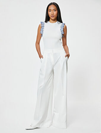 Fırfırlı Fisto Detaylı Üst Kolsuz Renk Kontrastlı İnce Triko