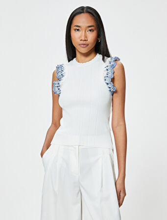 Fırfırlı Fisto Detaylı Üst Kolsuz Renk Kontrastlı İnce Triko