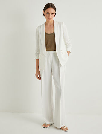 Blazer Ceket Drapeli Kollu Cepli Viskon Keten Karışımlı Standart Kesim