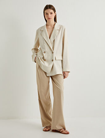 Keten Karışımlı Ceket Oversize Cep Detaylı Kruvaze Düğmeli