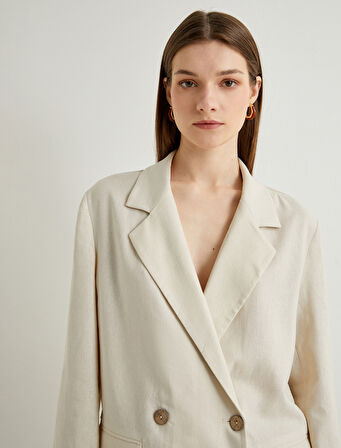 Keten Karışımlı Ceket Oversize Cep Detaylı Kruvaze Düğmeli