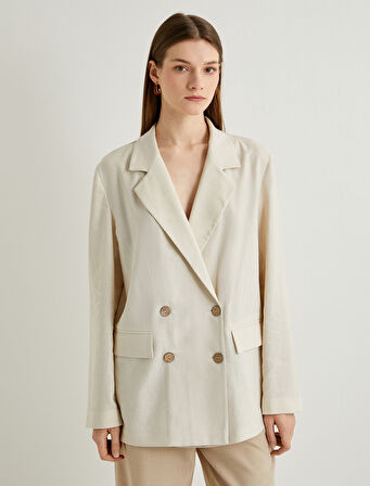 Keten Karışımlı Ceket Oversize Cep Detaylı Kruvaze Düğmeli