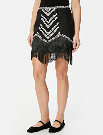 Püsküllü Keten Mini Etek Desenli Şerit Detaylı