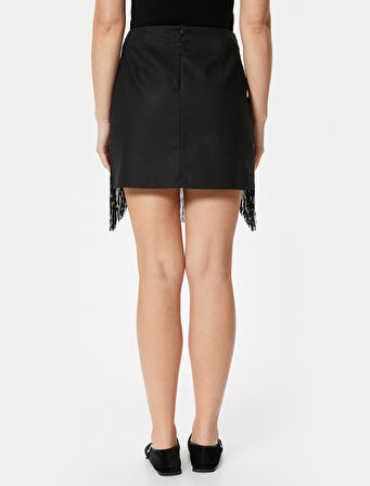 Püsküllü Keten Mini Etek Desenli Şerit Detaylı