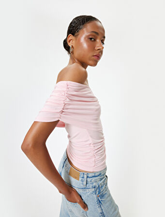 Kayık Yaka Body Drape Detaylı Slim Fit Kısa Kollu