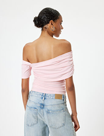 Kayık Yaka Body Drape Detaylı Slim Fit Kısa Kollu
