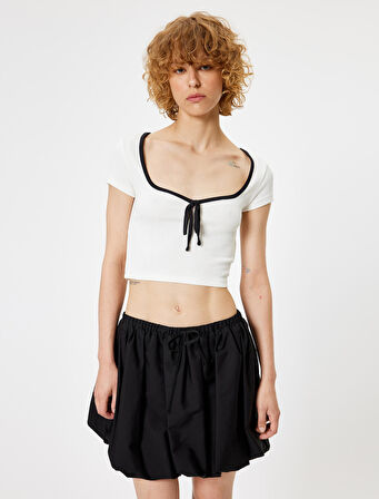 Crop Tişört Bağlama Detaylı Kısa Kollu Slim Fit