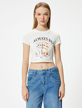 Crop Tişört Kedi Baskılı Bisiklet Yaka Slim Fit Kısa Kollu