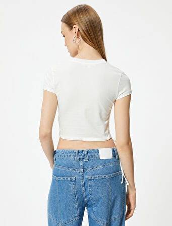 Crop Tişört Kedi Baskılı Bisiklet Yaka Slim Fit Kısa Kollu