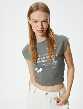 Crop Tişört Baskılı Kısa Kollu Bisiklet Yaka Pamuklu Slim Fit