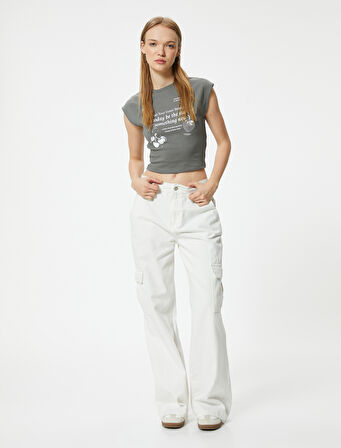 Crop Tişört Baskılı Kısa Kollu Bisiklet Yaka Pamuklu Slim Fit