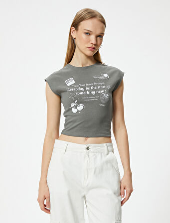 Crop Tişört Baskılı Kısa Kollu Bisiklet Yaka Pamuklu Slim Fit