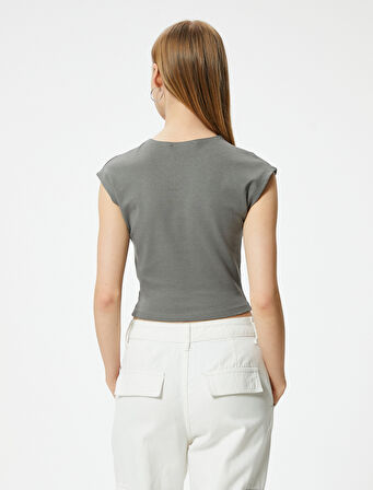 Crop Tişört Baskılı Kısa Kollu Bisiklet Yaka Pamuklu Slim Fit