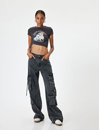 Crop Tişört Köpek Baskılı Büzgülü Slim Fit Bisiklet Yaka