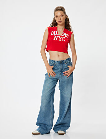 Crop Üst V Yaka Slogan Baskılı Kolsuz Slim Fit