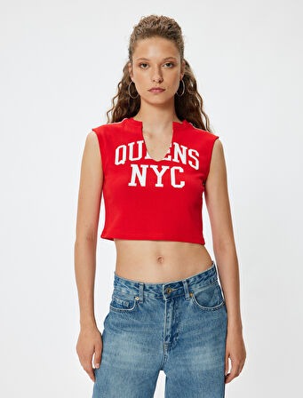Crop Üst V Yaka Slogan Baskılı Kolsuz Slim Fit