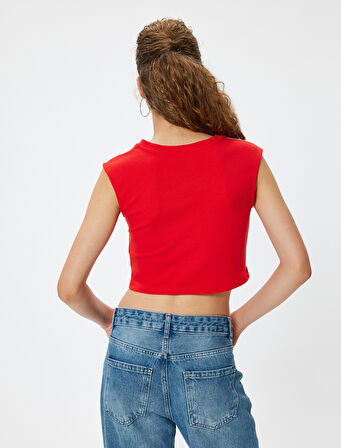 Crop Üst V Yaka Slogan Baskılı Kolsuz Slim Fit