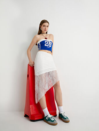 Straplez Crop Top Baskılı Fiyonk Detaylı