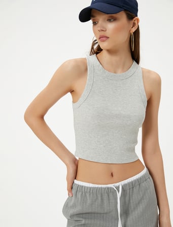 Crop Basic Halter Yaka Atlet Ribanalı Pamuklu Slim Fit