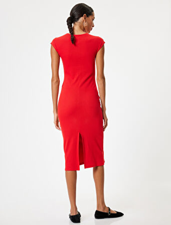 Midi Slip Elbise Bisiklet Yaka Kap Kol Slim Fit