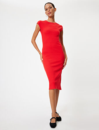Midi Slip Elbise Bisiklet Yaka Kap Kol Slim Fit