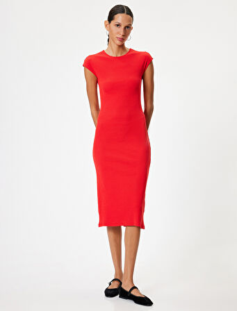 Midi Slip Elbise Bisiklet Yaka Kap Kol Slim Fit