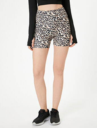 Spor Leopar Desenli Biker Tayt Yüksek Bel İnterlok