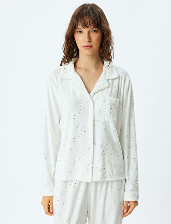 Pijama Üstü Örme Düğmeli Gömlek Yaka Parıltılı Yıldız ve Ay Baskılı